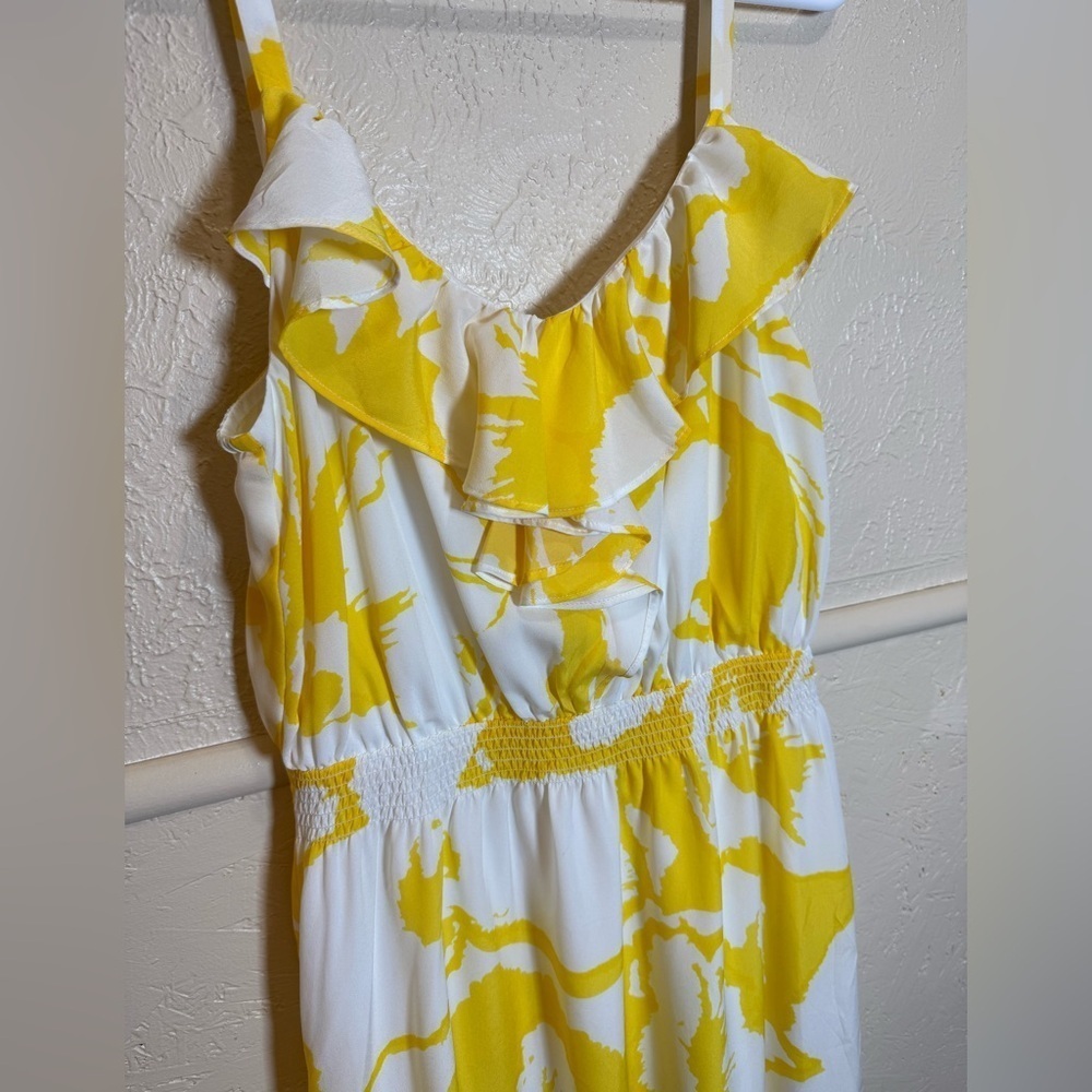 Loft Yellow and White Floral Ruffle Top Side Slit Spaghetti Strap Sundress Sz 8 - Picture 2 of 7